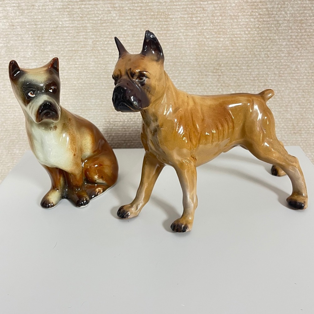 Vintage Set of 2 Boxer Dog Ceramic Porcelain Figurine‎ Statue